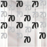 70th Glitz Black and Silver Anniversary Birthday Metallic Hanging String Shiny Foil Banner Party Door Wall Decorations Pack of 6