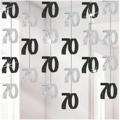 70th Glitz Black and Silver Anniversary Birthday Metallic Hanging String Shiny Foil Banner Party Door Wall Decorations Pack of 6