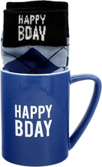 Pavilion - Happy Bday 18 oz Coffee Mug Tea Cup - Argyle Patterned Blue Crew Socks Women US 9-13 & Men US 8-12 Birthday Party Celebration Decoration Commemoration Gift Present for Him