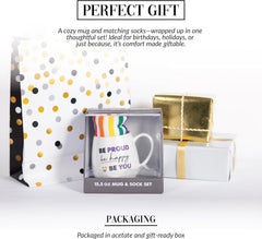 Pavilion - Be Proud Be Happy Be You - 15.5 oz Mug & Novelty Patterned 9-13 US Women & 8-12 US Men Socks Gift Set Rainbow Pride LGBTQ+ Coming Out Present