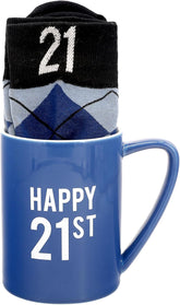 Pavilion Gift Company - Happy 21st 18 oz Coffee Mug Tea Cup - 21 Argyle Patterned Blue Crew Socks Women US 9-13 & Men US 8-12 Birthday Party Celebration Decoration Commemoration Gift Present for Him
