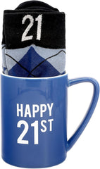 Pavilion Gift Company - Happy 21st 18 oz Coffee Mug Tea Cup - 21 Argyle Patterned Blue Crew Socks Women US 9-13 & Men US 8-12 Birthday Party Celebration Decoration Commemoration Gift Present for Him