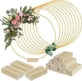 Foribyw 10Pcs Metal Floral Hoop Centerpiece with 10 Wood Stands 30cm/12inch Round Gold Hoop Ring Sturdy DIY Wreath Ring Table Decoration for Wedding Party Birthday