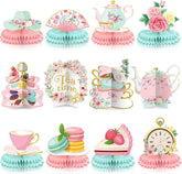 12 Pcs Floral Tea Time Themed Party Decorations Spring Vintage Teapot Honeycomb Centerpieces Talking Toppers Supplies for Flower Theme Party Baby Shower Princess Birthday Wedding Supplies