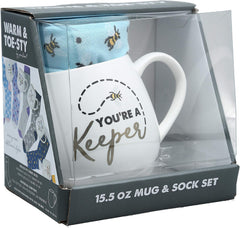 Pavilion Gift Company 71300 You're A Keeper Bee Socks & 15.5 Oz Coffee Cup Mug Gift Set, Stoneware, White