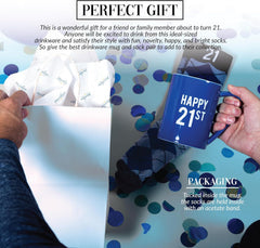Pavilion Gift Company - Happy 21st 18 oz Coffee Mug Tea Cup - 21 Argyle Patterned Blue Crew Socks Women US 9-13 & Men US 8-12 Birthday Party Celebration Decoration Commemoration Gift Present for Him