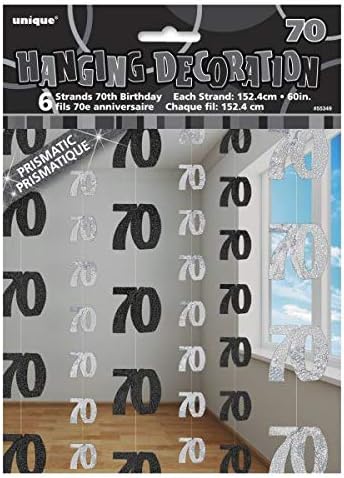 70th Glitz Black and Silver Anniversary Birthday Metallic Hanging String Shiny Foil Banner Party Door Wall Decorations Pack of 6