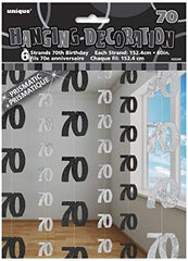 70th Glitz Black and Silver Anniversary Birthday Metallic Hanging String Shiny Foil Banner Party Door Wall Decorations Pack of 6