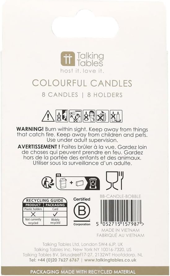 Talking Tables 8 x Bobble Birthday Candles Cake Toppers – Colourful Pastel Birthday Cake Decorations, Premium Quality, Perfect for Celebrations – Eco Packaging 8cm Height