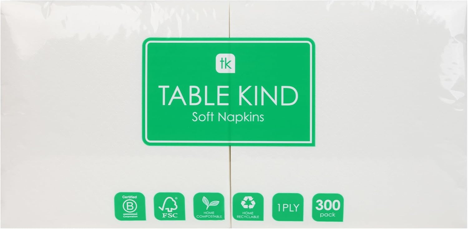Table Kind 300 x White Napkins, Disposable Serviettes 1ply Paper Napkins for Parties, Catering, Festivals, Food Vans, Cafés, Corporate Events, Bars, Restaurants Camping Picnics BBQ Compostable