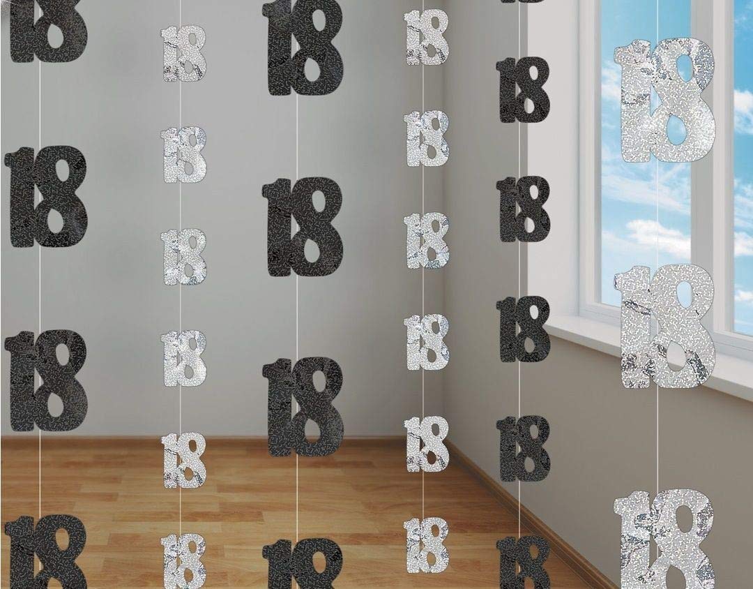 70th Glitz Black and Silver Anniversary Birthday Metallic Hanging String Shiny Foil Banner Party Door Wall Decorations Pack of 6
