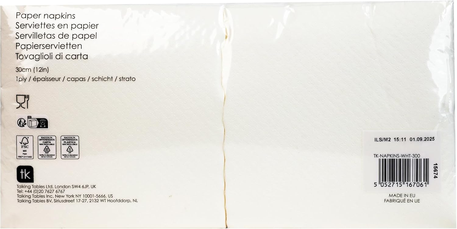 Table Kind 300 x White Napkins, Disposable Serviettes 1ply Paper Napkins for Parties, Catering, Festivals, Food Vans, Cafés, Corporate Events, Bars, Restaurants Camping Picnics BBQ Compostable