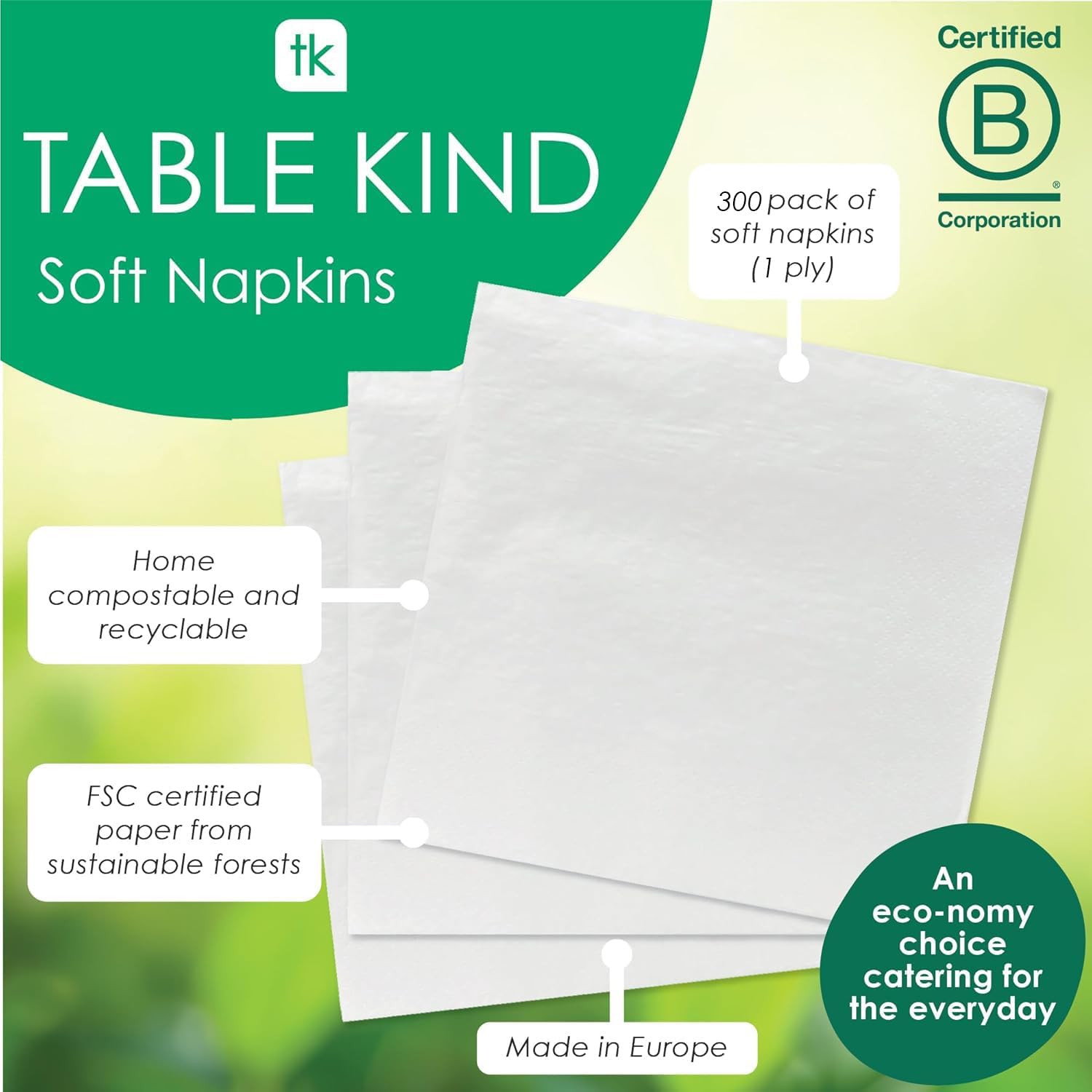 Table Kind 300 x White Napkins, Disposable Serviettes 1ply Paper Napkins for Parties, Catering, Festivals, Food Vans, Cafés, Corporate Events, Bars, Restaurants Camping Picnics BBQ Compostable