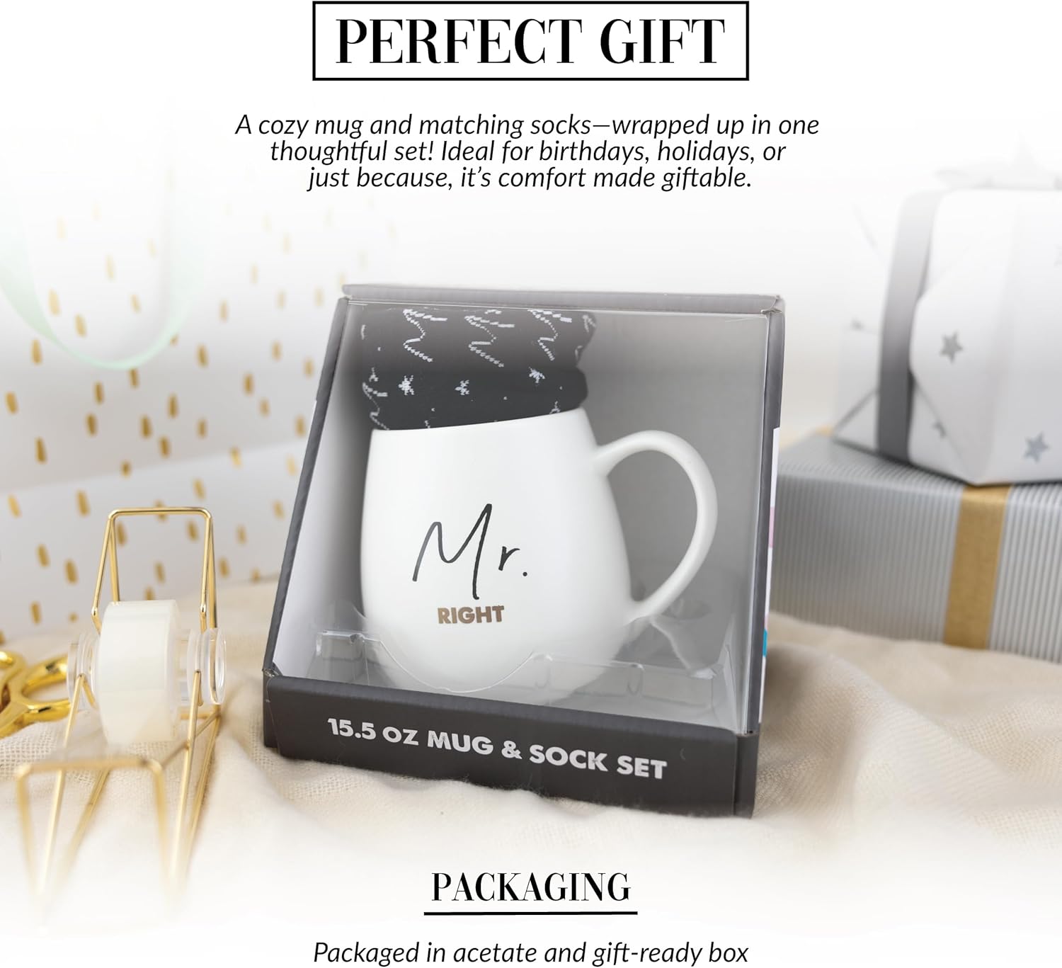 Pavilion - Mr. Always Right - 15.5 Oz Coffee Mug Tea Cup with Crew Socks Husband Valentine's Day Wedding Engagement Bachelor Present