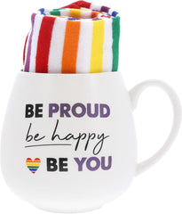 Pavilion - Be Proud Be Happy Be You - 15.5 oz Mug & Novelty Patterned 9-13 US Women & 8-12 US Men Socks Gift Set Rainbow Pride LGBTQ+ Coming Out Present