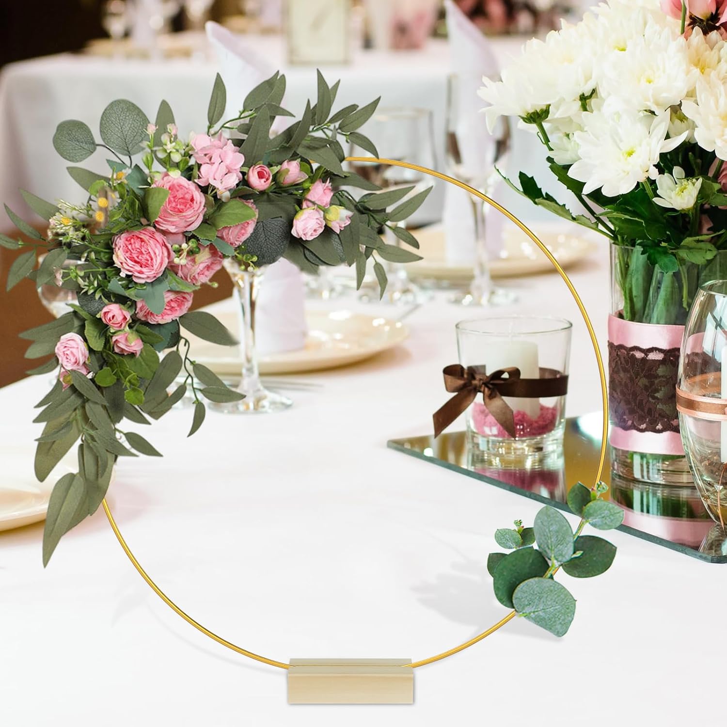 Foribyw 10Pcs Metal Floral Hoop Centerpiece with 10 Wood Stands 30cm/12inch Round Gold Hoop Ring Sturdy DIY Wreath Ring Table Decoration for Wedding Party Birthday