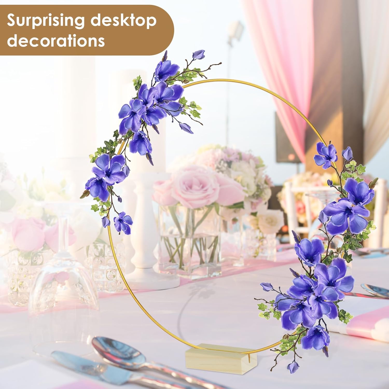Foribyw 10Pcs Metal Floral Hoop Centerpiece with 10 Wood Stands 30cm/12inch Round Gold Hoop Ring Sturdy DIY Wreath Ring Table Decoration for Wedding Party Birthday