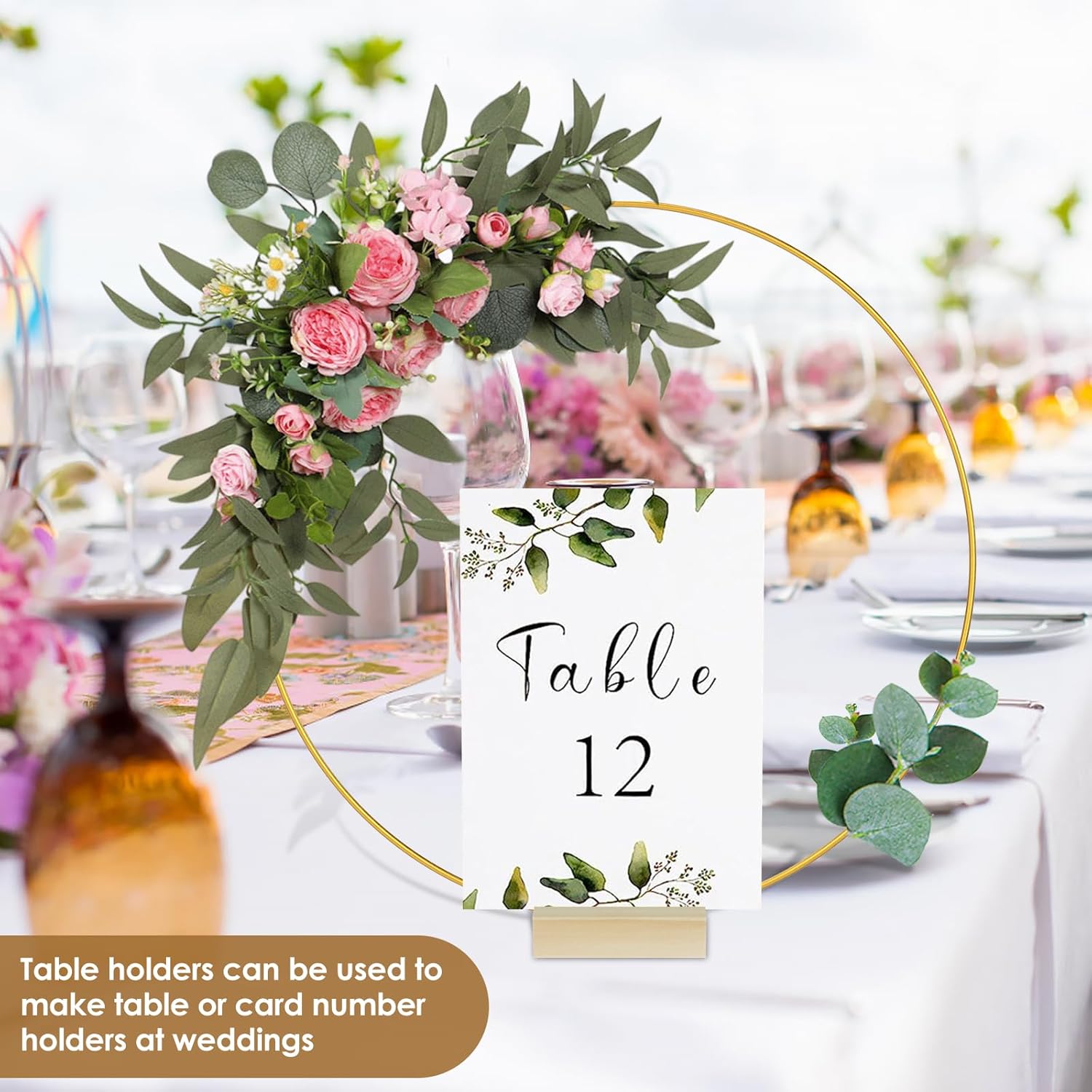 Foribyw 10Pcs Metal Floral Hoop Centerpiece with 10 Wood Stands 30cm/12inch Round Gold Hoop Ring Sturdy DIY Wreath Ring Table Decoration for Wedding Party Birthday