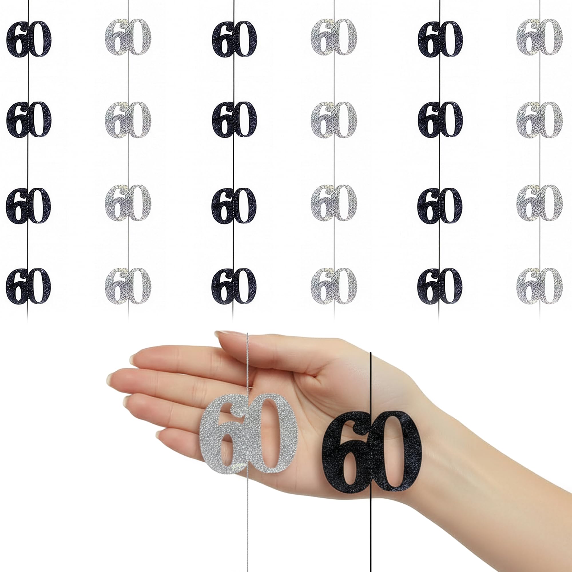 70th Glitz Black and Silver Anniversary Birthday Metallic Hanging String Shiny Foil Banner Party Door Wall Decorations Pack of 6