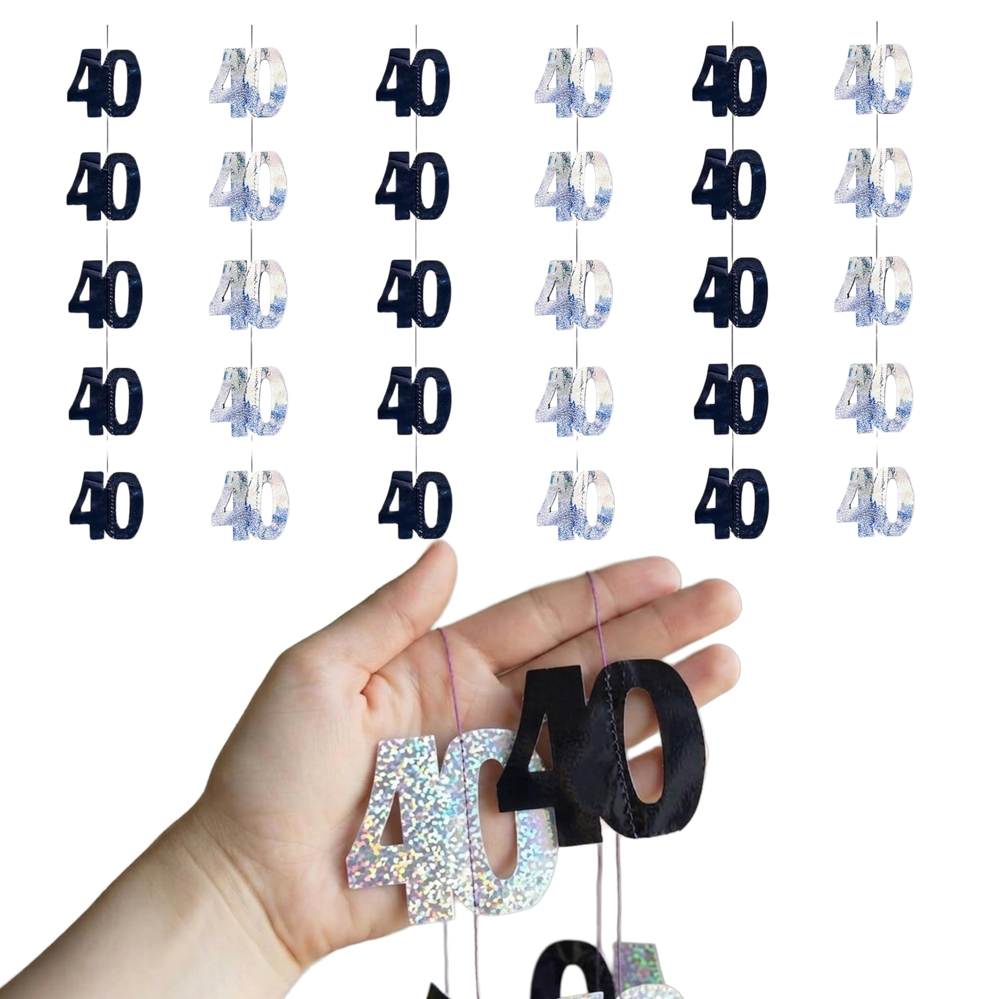 70th Glitz Black and Silver Anniversary Birthday Metallic Hanging String Shiny Foil Banner Party Door Wall Decorations Pack of 6