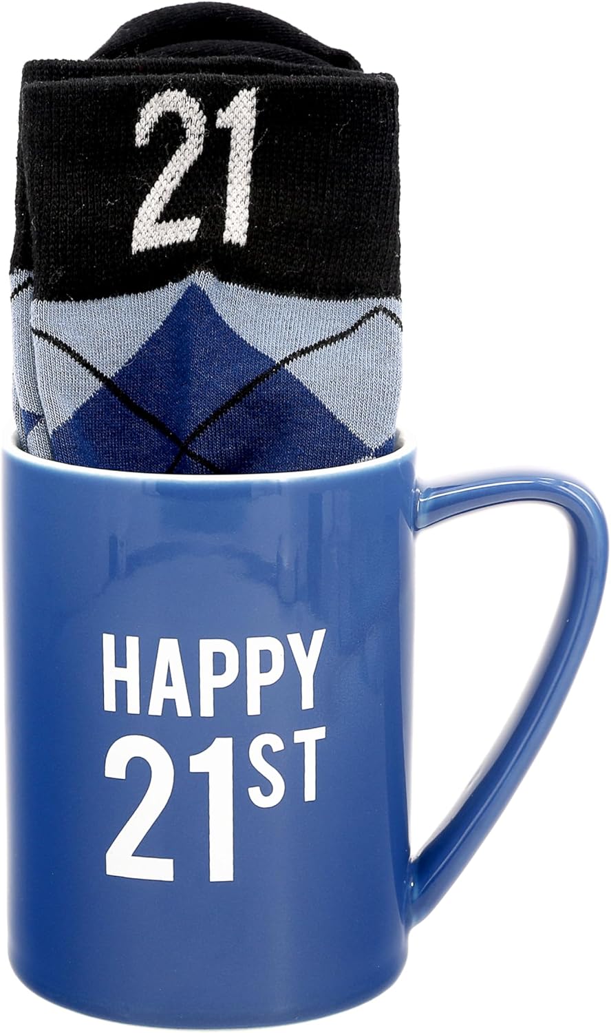 Pavilion Gift Company - Happy 21st 18 oz Coffee Mug Tea Cup - 21 Argyle Patterned Blue Crew Socks Women US 9-13 & Men US 8-12 Birthday Party Celebration Decoration Commemoration Gift Present for Him