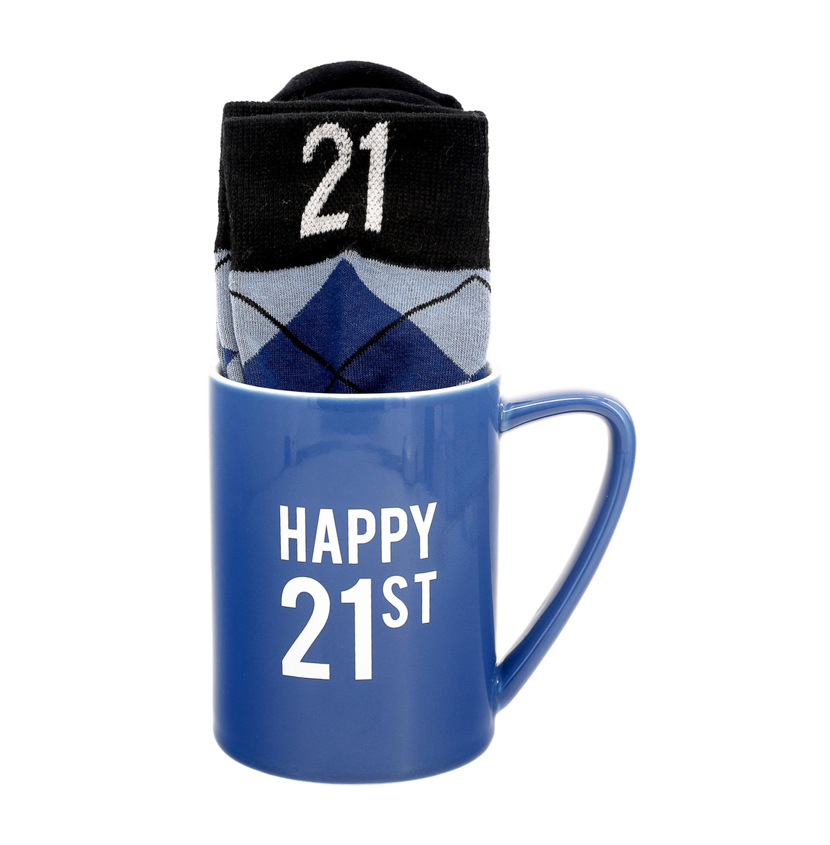Pavilion Gift Company - Happy 21st 18 oz Coffee Mug Tea Cup - 21 Argyle Patterned Blue Crew Socks Women US 9-13 & Men US 8-12 Birthday Party Celebration Decoration Commemoration Gift Present for Him