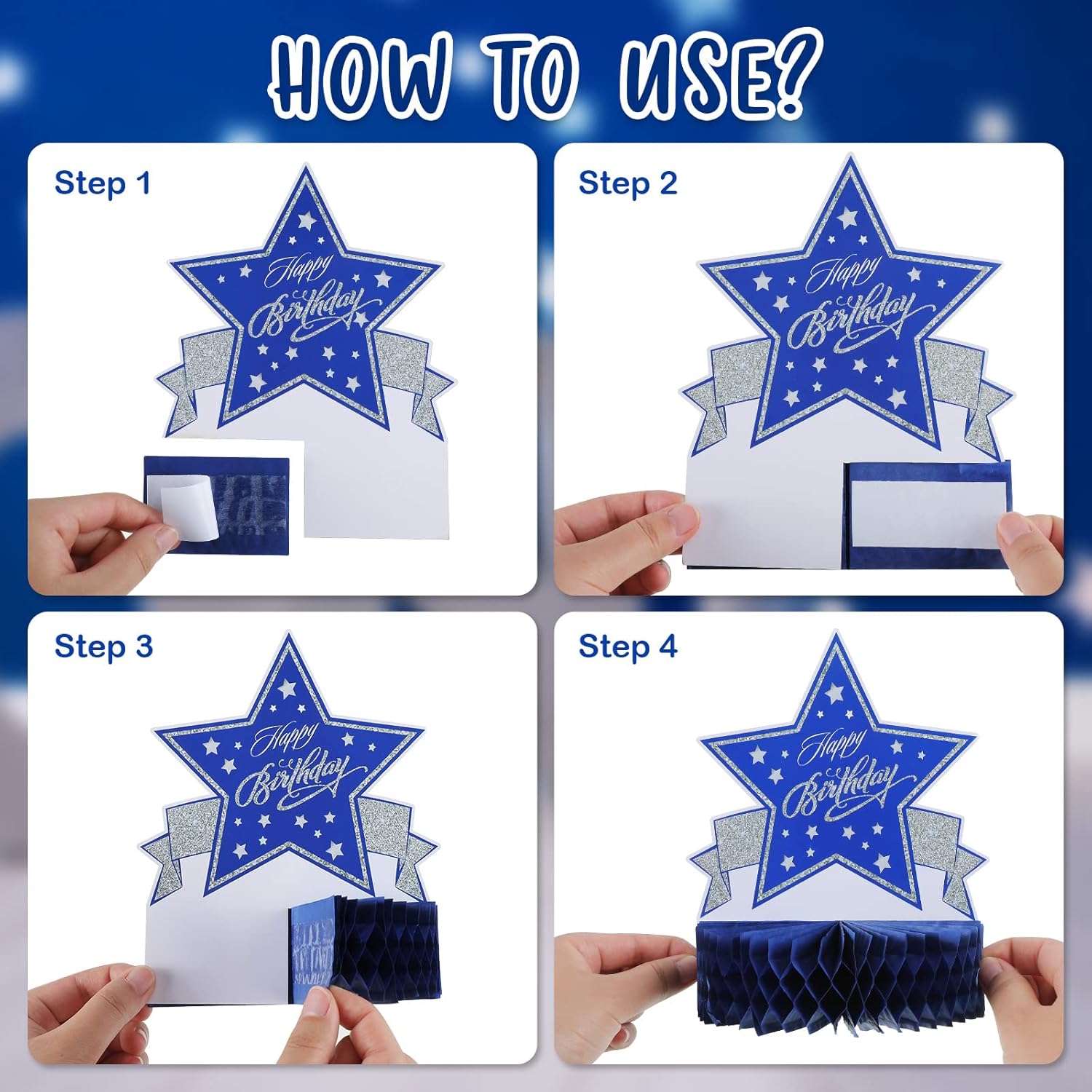 Teling 9 Pcs Happy Birthday Table Decorations Blue and Silver Decorations Navy Blue Centerpieces Happy Birthday Honeycomb Table Centerpieces for Men Women Party Supplies