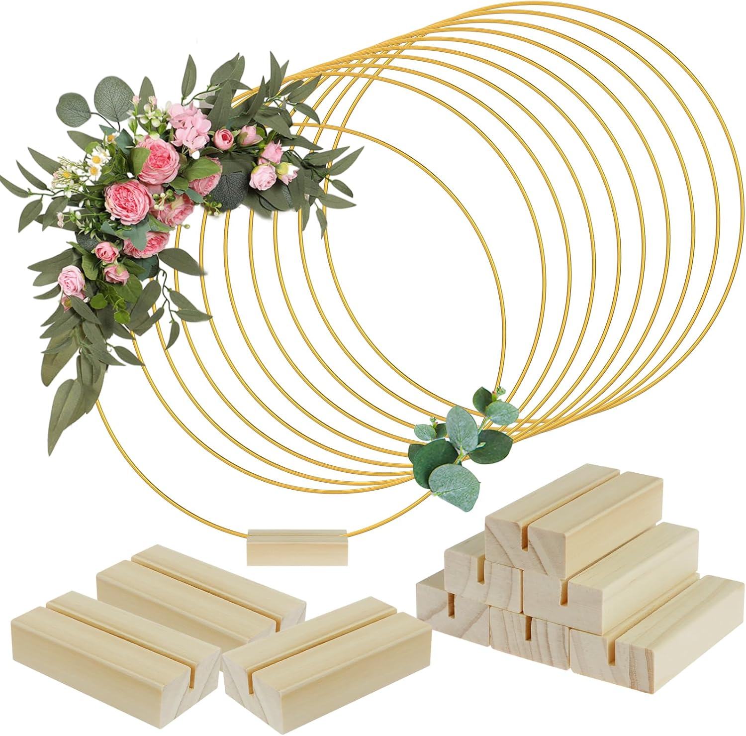 Foribyw 10Pcs Metal Floral Hoop Centerpiece with 10 Wood Stands 30cm/12inch Round Gold Hoop Ring Sturdy DIY Wreath Ring Table Decoration for Wedding Party Birthday