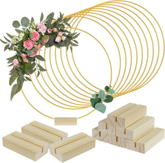 Foribyw 10Pcs Metal Floral Hoop Centerpiece with 10 Wood Stands 30cm/12inch Round Gold Hoop Ring Sturdy DIY Wreath Ring Table Decoration for Wedding Party Birthday