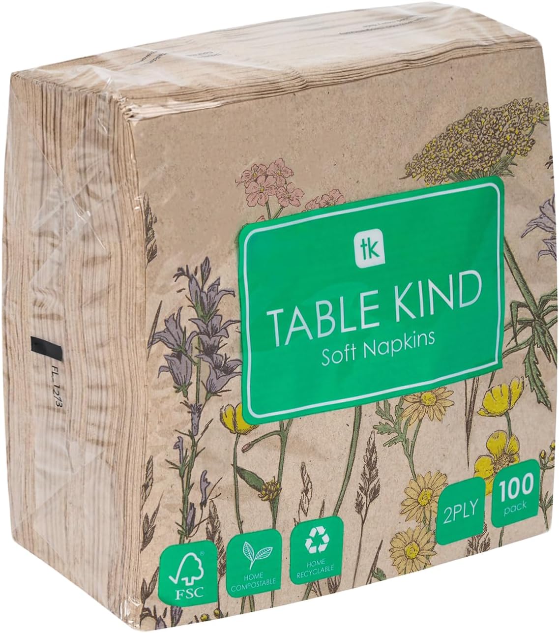 Table Kind 100 x Soft Recycled Paper Napkins, 2ply, 33cm Spring Wildflower Floral Napkins for Disposable Party Serviettes for Easter Weddings Eco-Friendly, Kraft Unbleached Home Compostable