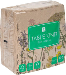Table Kind 100 x Soft Recycled Paper Napkins, 2ply, 33cm Spring Wildflower Floral Napkins for Disposable Party Serviettes for Easter Weddings Eco-Friendly, Kraft Unbleached Home Compostable
