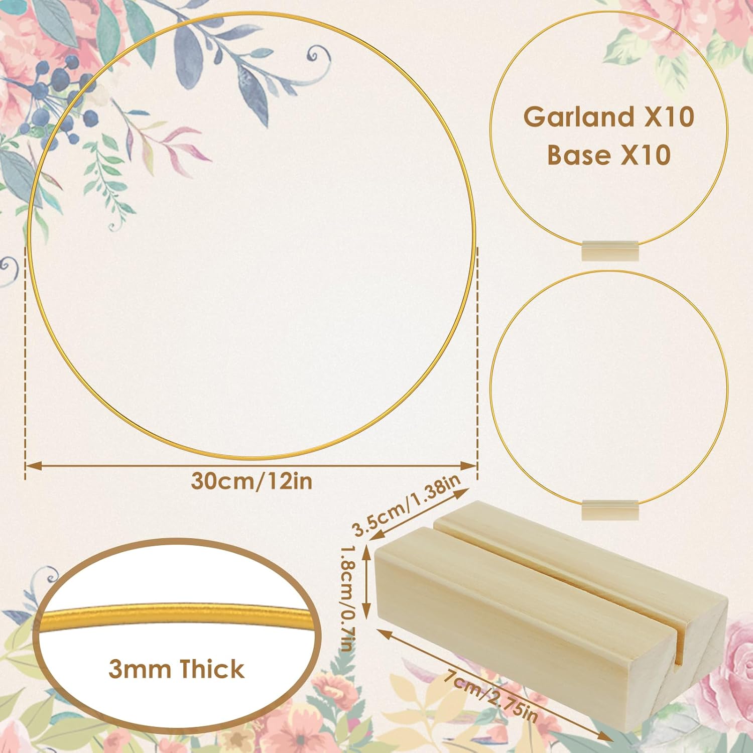 Foribyw 10Pcs Metal Floral Hoop Centerpiece with 10 Wood Stands 30cm/12inch Round Gold Hoop Ring Sturdy DIY Wreath Ring Table Decoration for Wedding Party Birthday