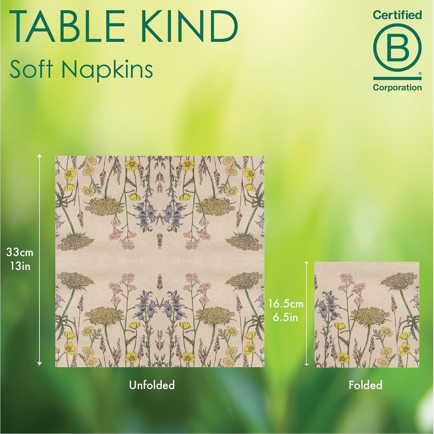 Table Kind 100 x Soft Recycled Paper Napkins, 2ply, 33cm Spring Wildflower Floral Napkins for Disposable Party Serviettes for Easter Weddings Eco-Friendly, Kraft Unbleached Home Compostable
