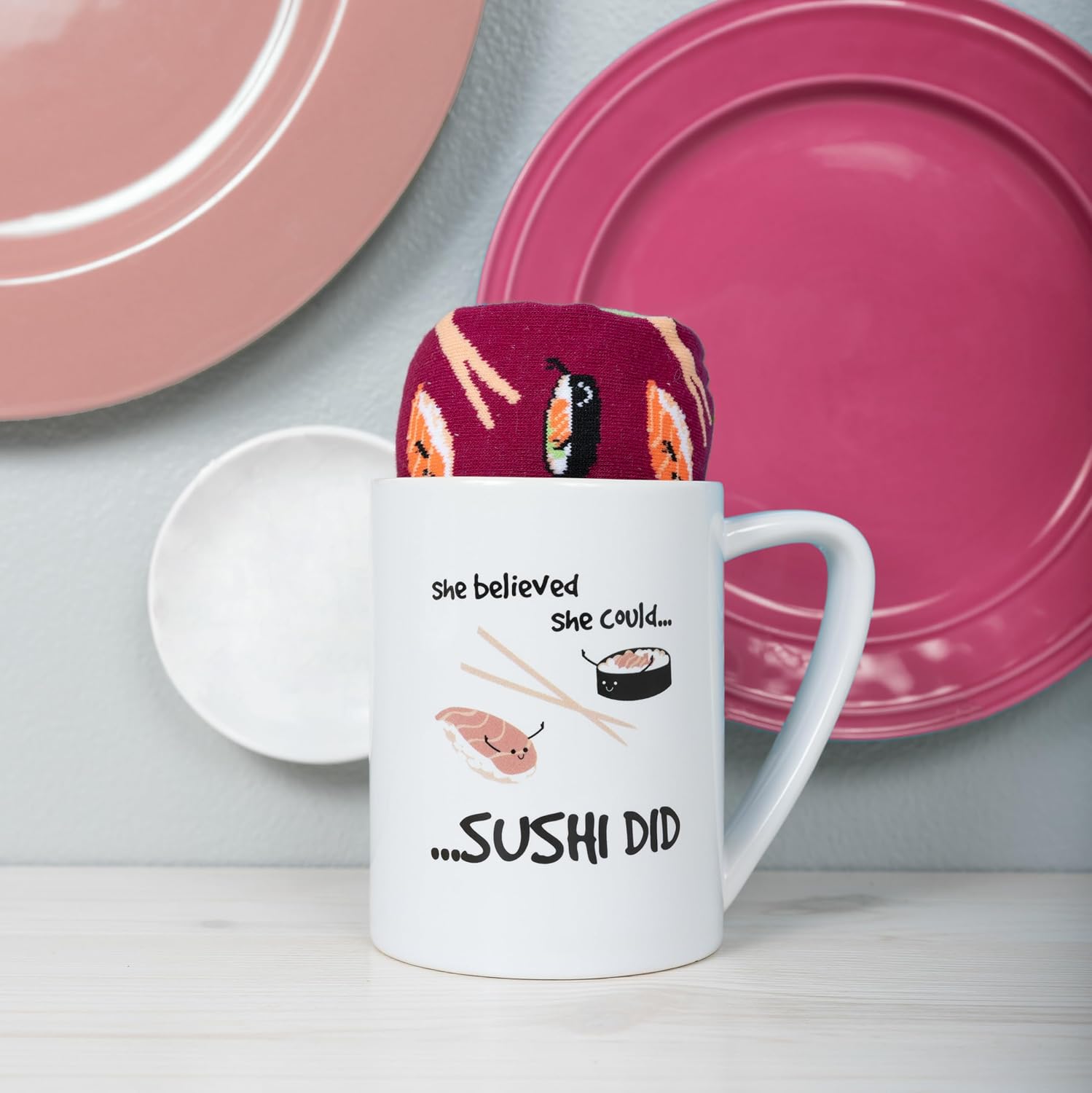 Pavilion - She Believed She Could Sushi Did - Purple & Green Novelty Crew Socks & 18 Oz Mug Long Distance Relationship Gift Girlfriend Wife Present