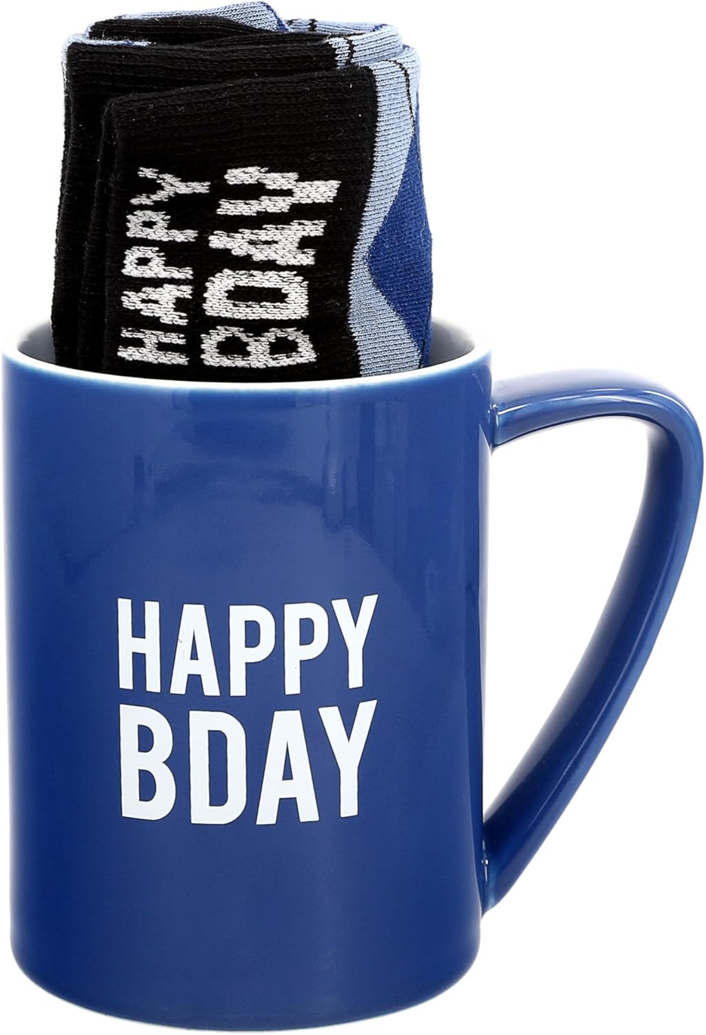 Pavilion - Happy Bday 18 oz Coffee Mug Tea Cup - Argyle Patterned Blue Crew Socks Women US 9-13 & Men US 8-12 Birthday Party Celebration Decoration Commemoration Gift Present for Him