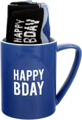 Pavilion - Happy Bday 18 oz Coffee Mug Tea Cup - Argyle Patterned Blue Crew Socks Women US 9-13 & Men US 8-12 Birthday Party Celebration Decoration Commemoration Gift Present for Him