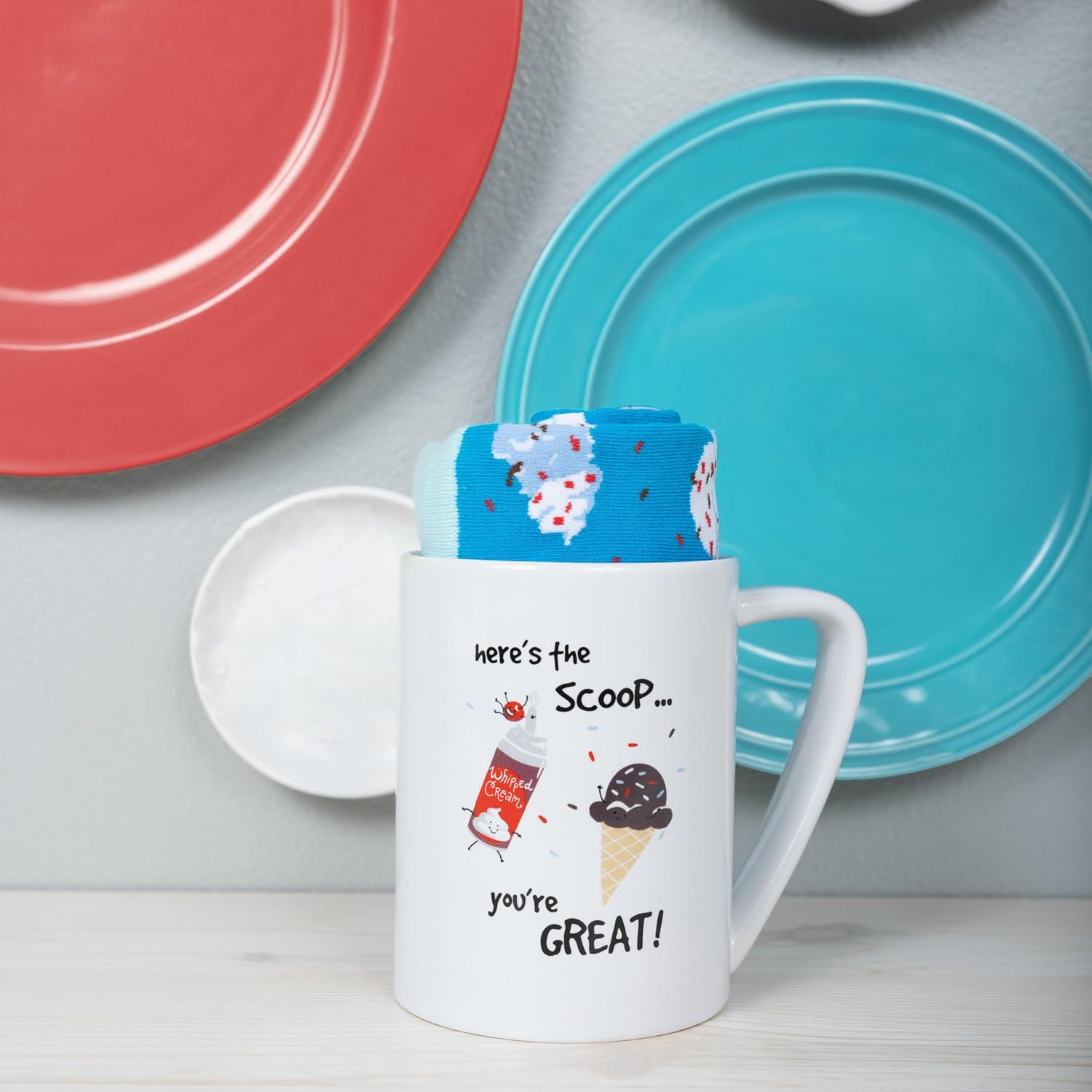 Pavilion - Here's The Scoop You're Great - Blue & Red Novelty Ice Cream Crew Socks & 18 oz Mug Long Distance Relationship Gift Girlfriend Wife Present