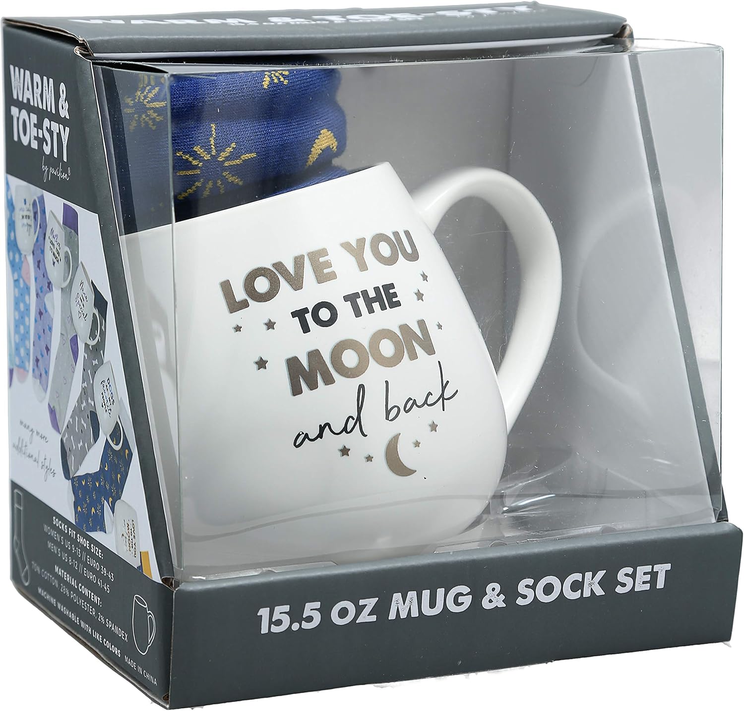 Pavilion Gift Company 71304 Love Back Moon and Stars Socks & 15.5 Oz Coffee Cup Mug Gift Set, Stoneware, White