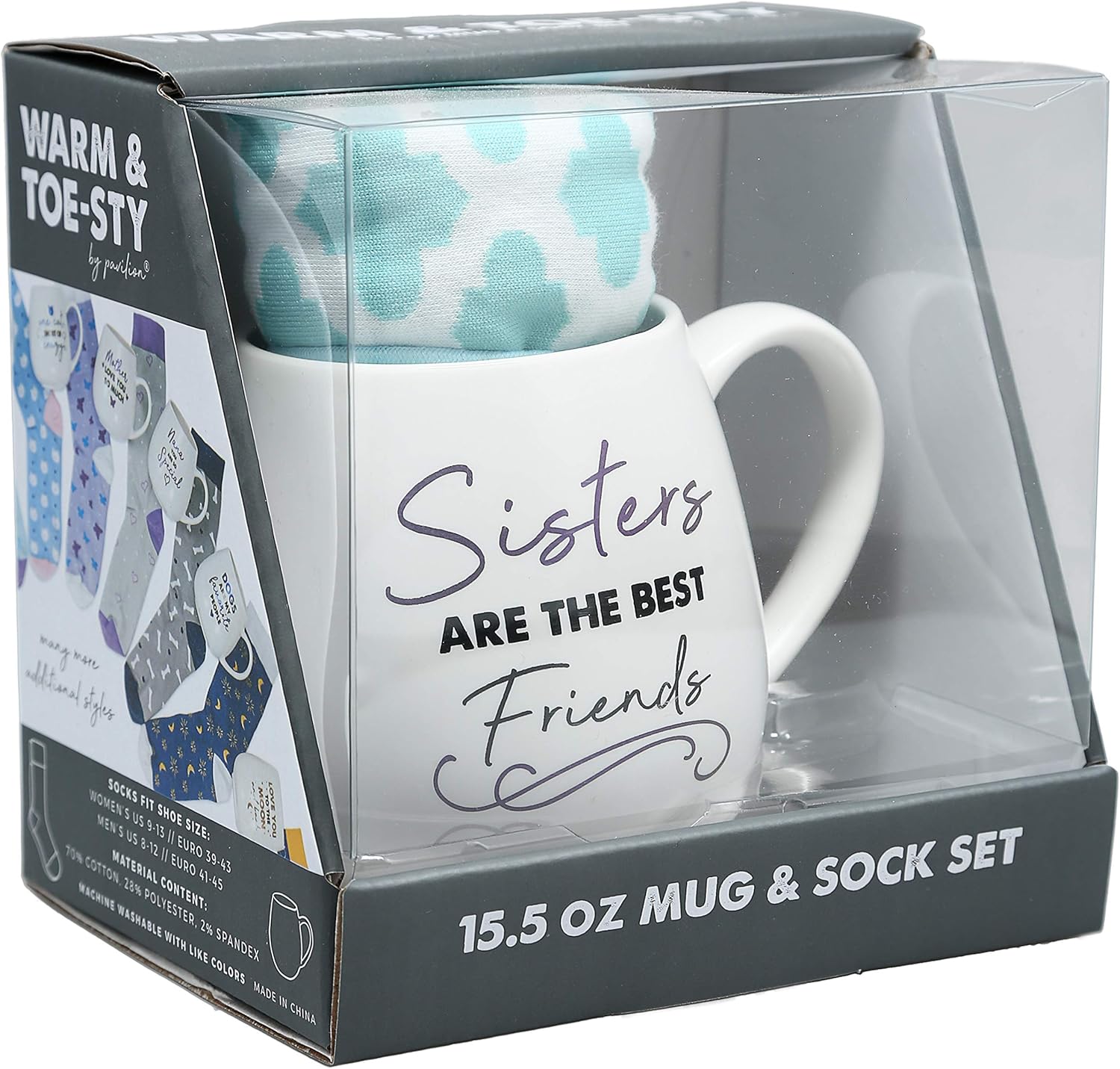 Pavilion Gift Company 71313 Sisters are The Best Friends Patterned Socks & 15.5 Oz Coffee Cup Mug Gift Set, Stoneware, White