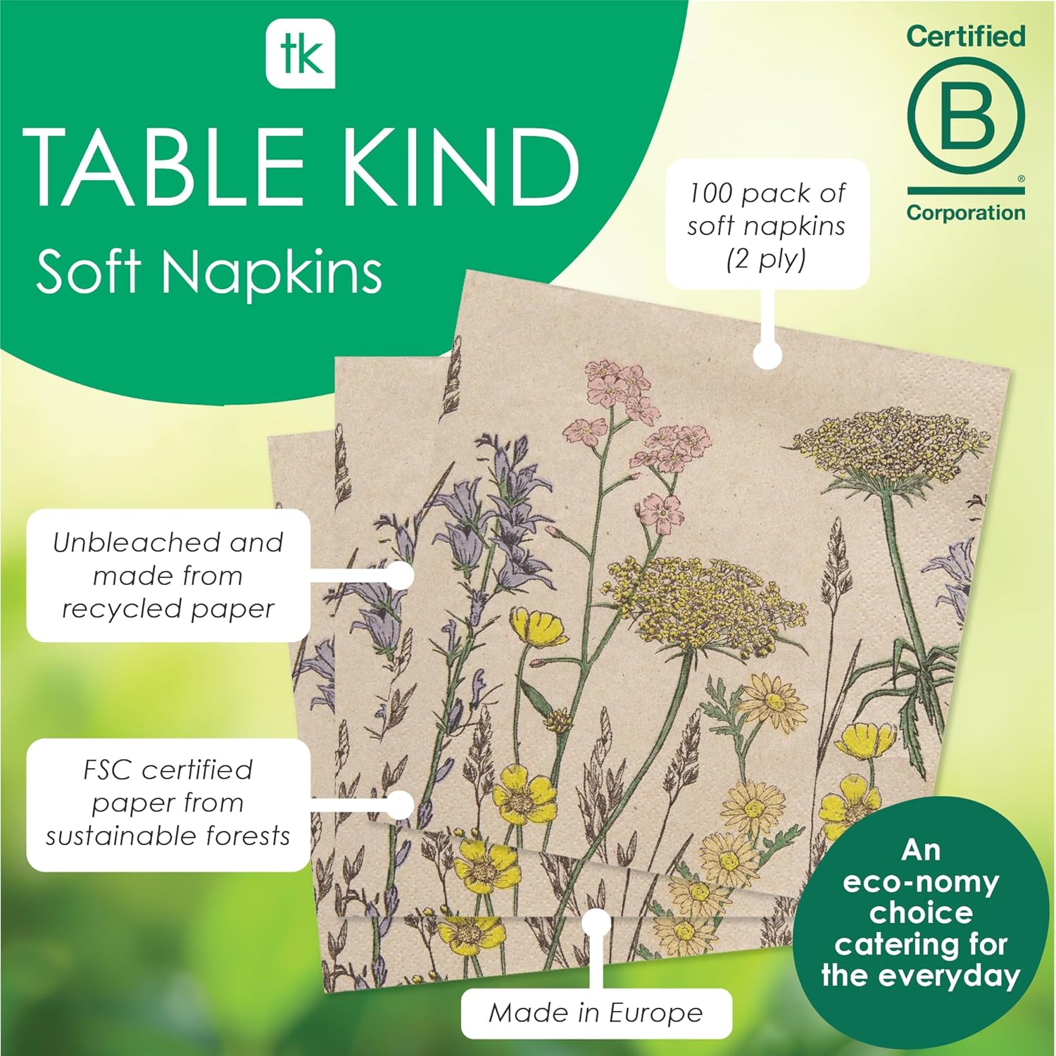 Table Kind 100 x Soft Recycled Paper Napkins, 2ply, 33cm Spring Wildflower Floral Napkins for Disposable Party Serviettes for Easter Weddings Eco-Friendly, Kraft Unbleached Home Compostable