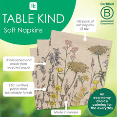 Table Kind 100 x Soft Recycled Paper Napkins, 2ply, 33cm Spring Wildflower Floral Napkins for Disposable Party Serviettes for Easter Weddings Eco-Friendly, Kraft Unbleached Home Compostable