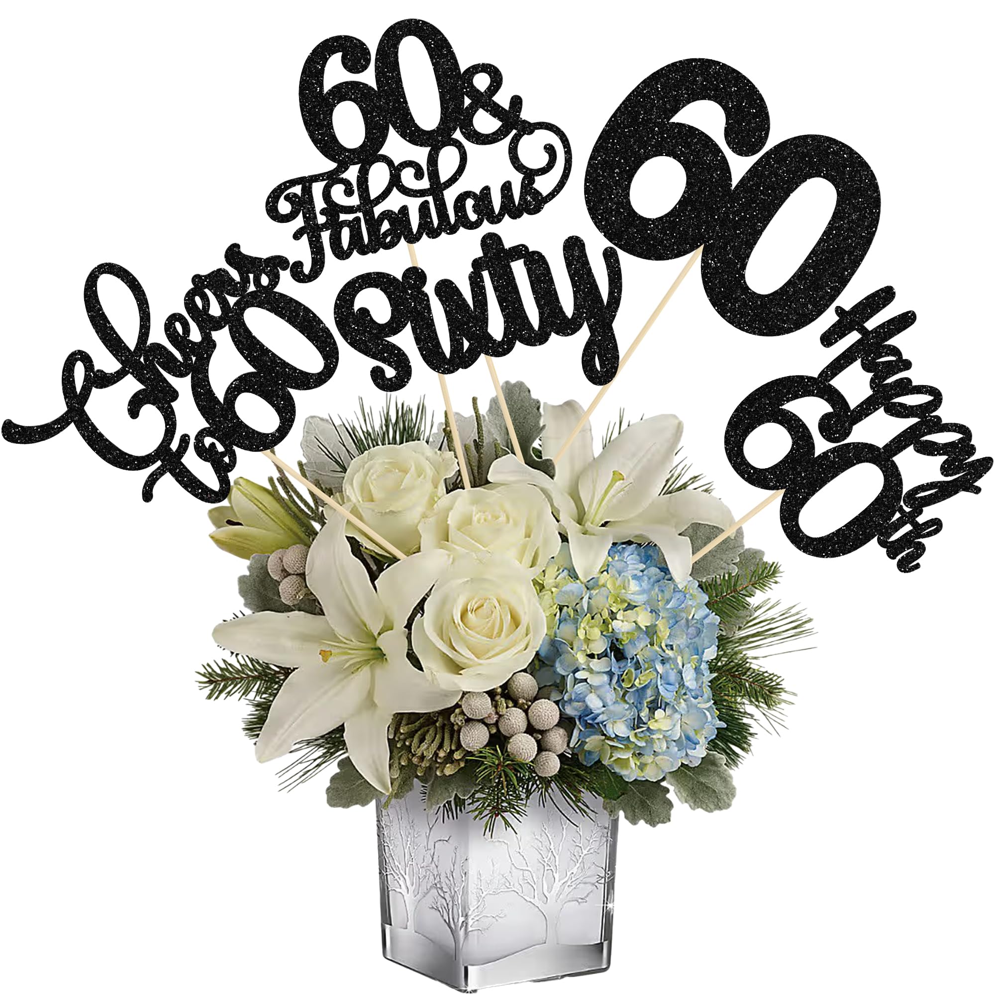 Ephlyn 15Pcs 60th Birthday Centerpiece Sticks Sixty Happy 60 Table Flower Centerpieces Sticks Cheers to 60 Floral Decorations for 60th Birthday Party Centerpieces Supplies Gold