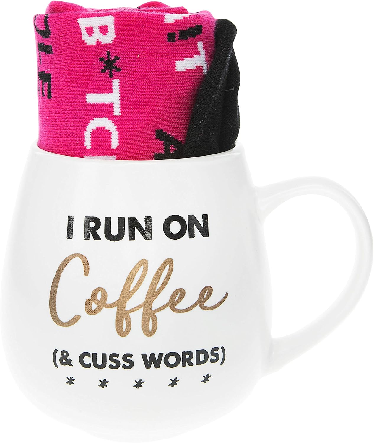 Pavilion Gift Company 71303 I Run Cuss Word Socks & 15.5 Oz Coffee Cup Mug Gift Set, Stoneware, White