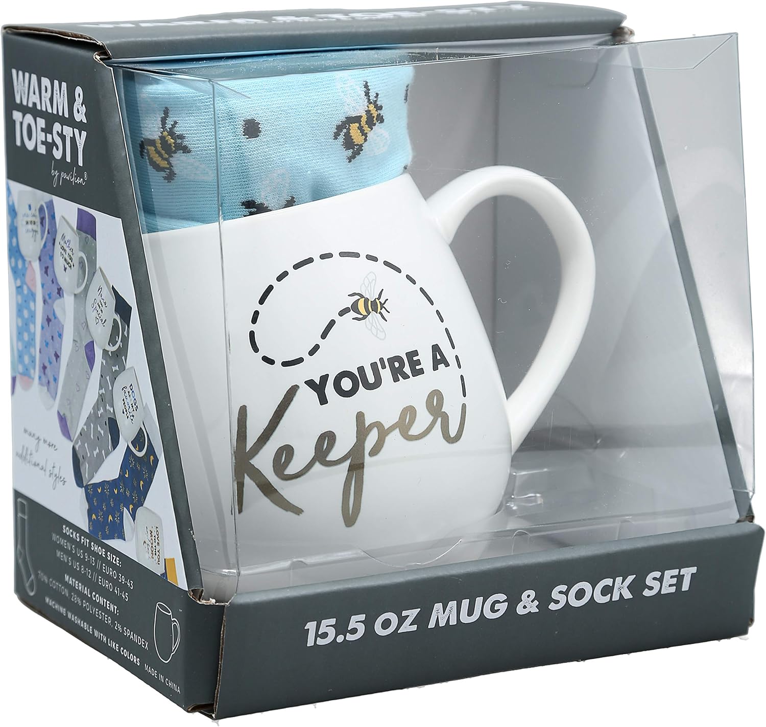 Pavilion Gift Company 71300 You're A Keeper Bee Socks & 15.5 Oz Coffee Cup Mug Gift Set, Stoneware, White