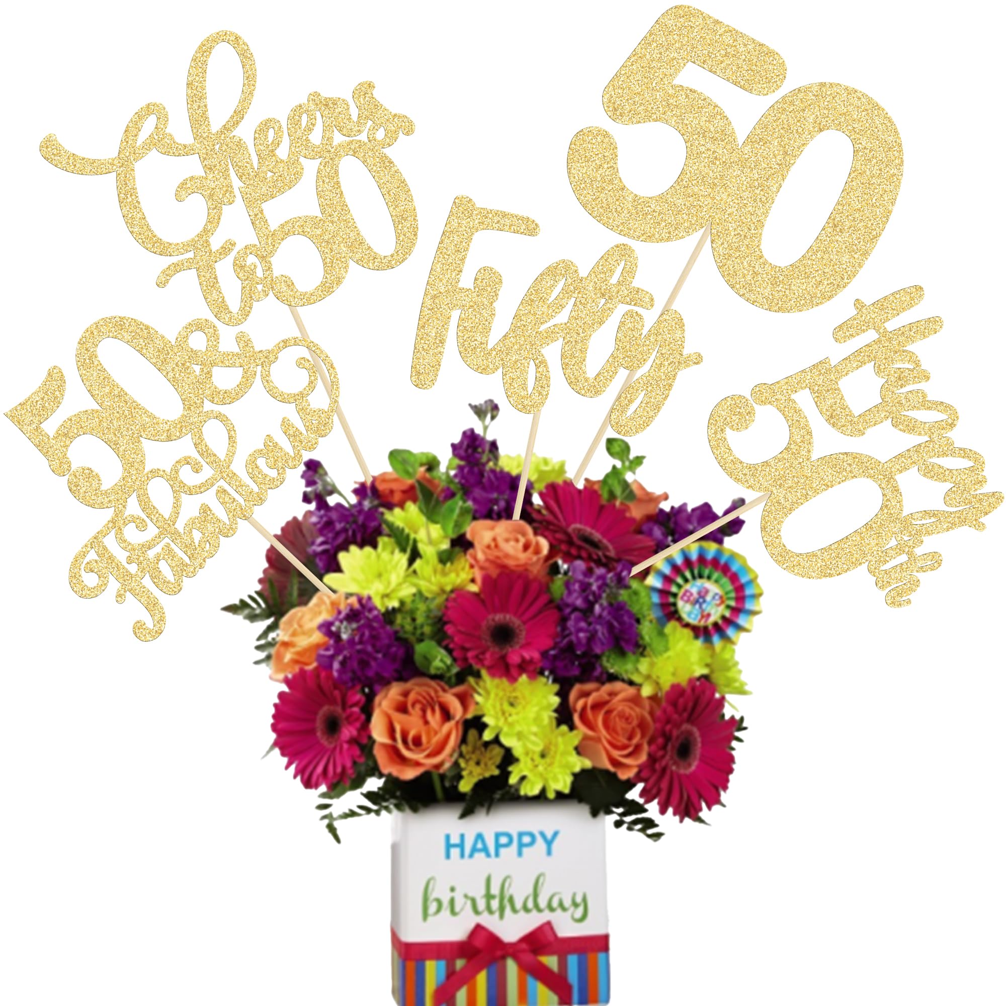 Ephlyn 15Pcs 60th Birthday Centerpiece Sticks Sixty Happy 60 Table Flower Centerpieces Sticks Cheers to 60 Floral Decorations for 60th Birthday Party Centerpieces Supplies Gold