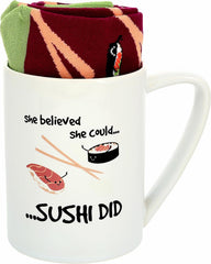 Pavilion - She Believed She Could Sushi Did - Purple & Green Novelty Crew Socks & 18 Oz Mug Long Distance Relationship Gift Girlfriend Wife Present