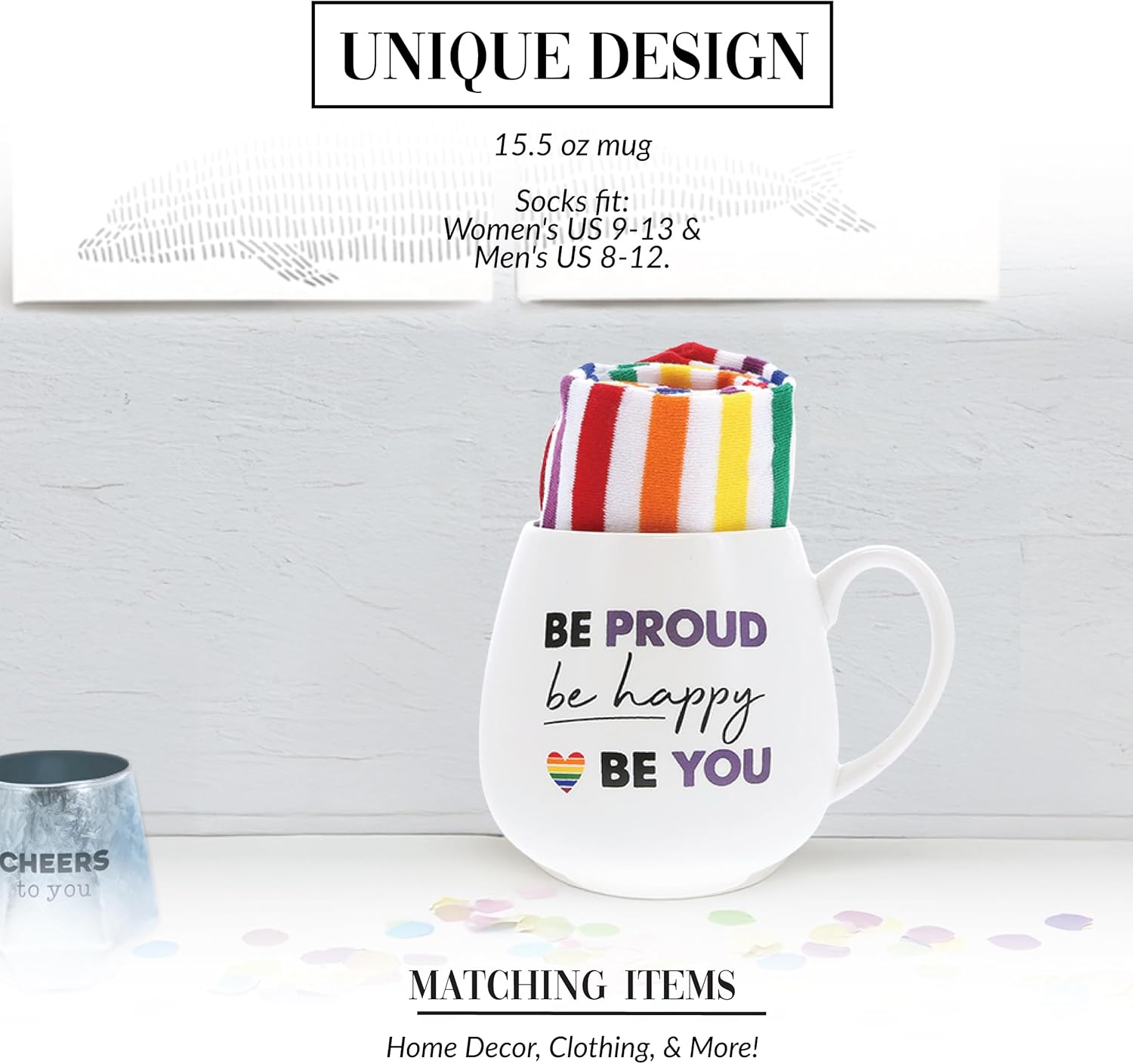 Pavilion - Be Proud Be Happy Be You - 15.5 oz Mug & Novelty Patterned 9-13 US Women & 8-12 US Men Socks Gift Set Rainbow Pride LGBTQ+ Coming Out Present