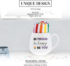 Pavilion - Be Proud Be Happy Be You - 15.5 oz Mug & Novelty Patterned 9-13 US Women & 8-12 US Men Socks Gift Set Rainbow Pride LGBTQ+ Coming Out Present