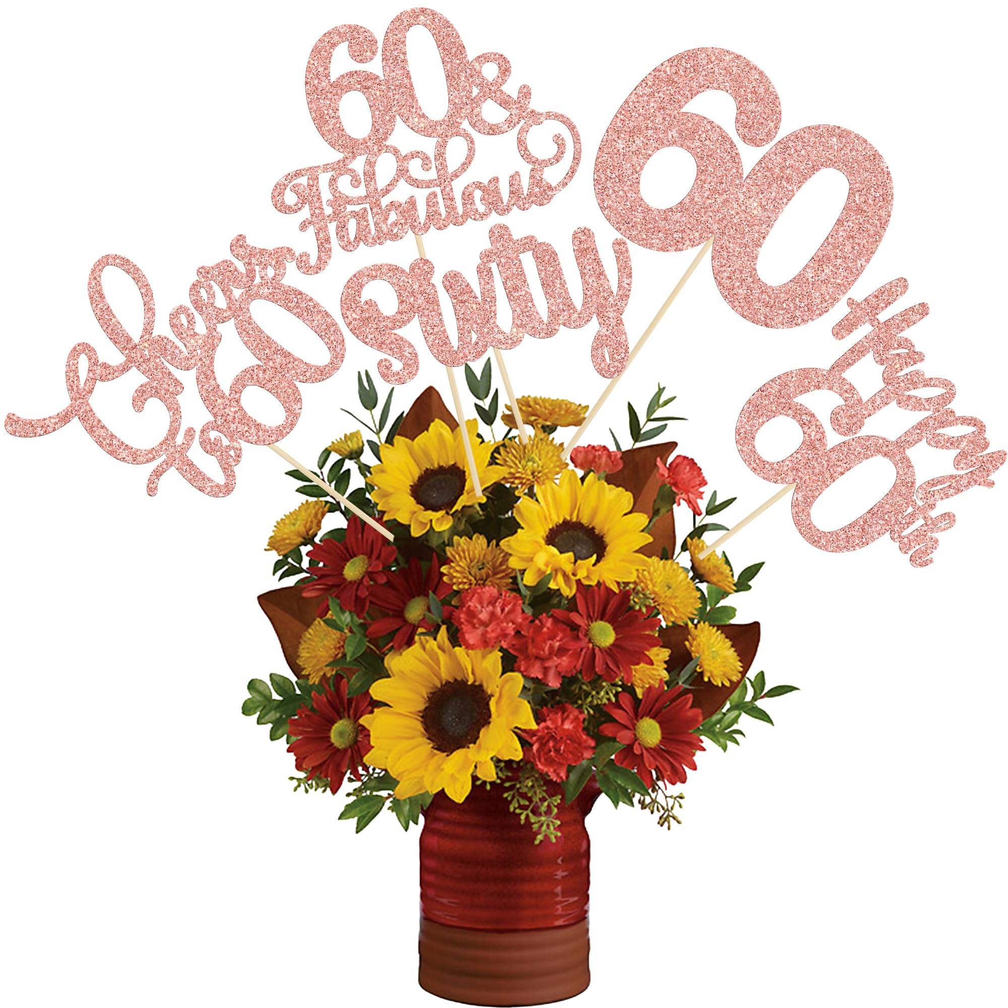 Ephlyn 15Pcs 60th Birthday Centerpiece Sticks Sixty Happy 60 Table Flower Centerpieces Sticks Cheers to 60 Floral Decorations for 60th Birthday Party Centerpieces Supplies Gold