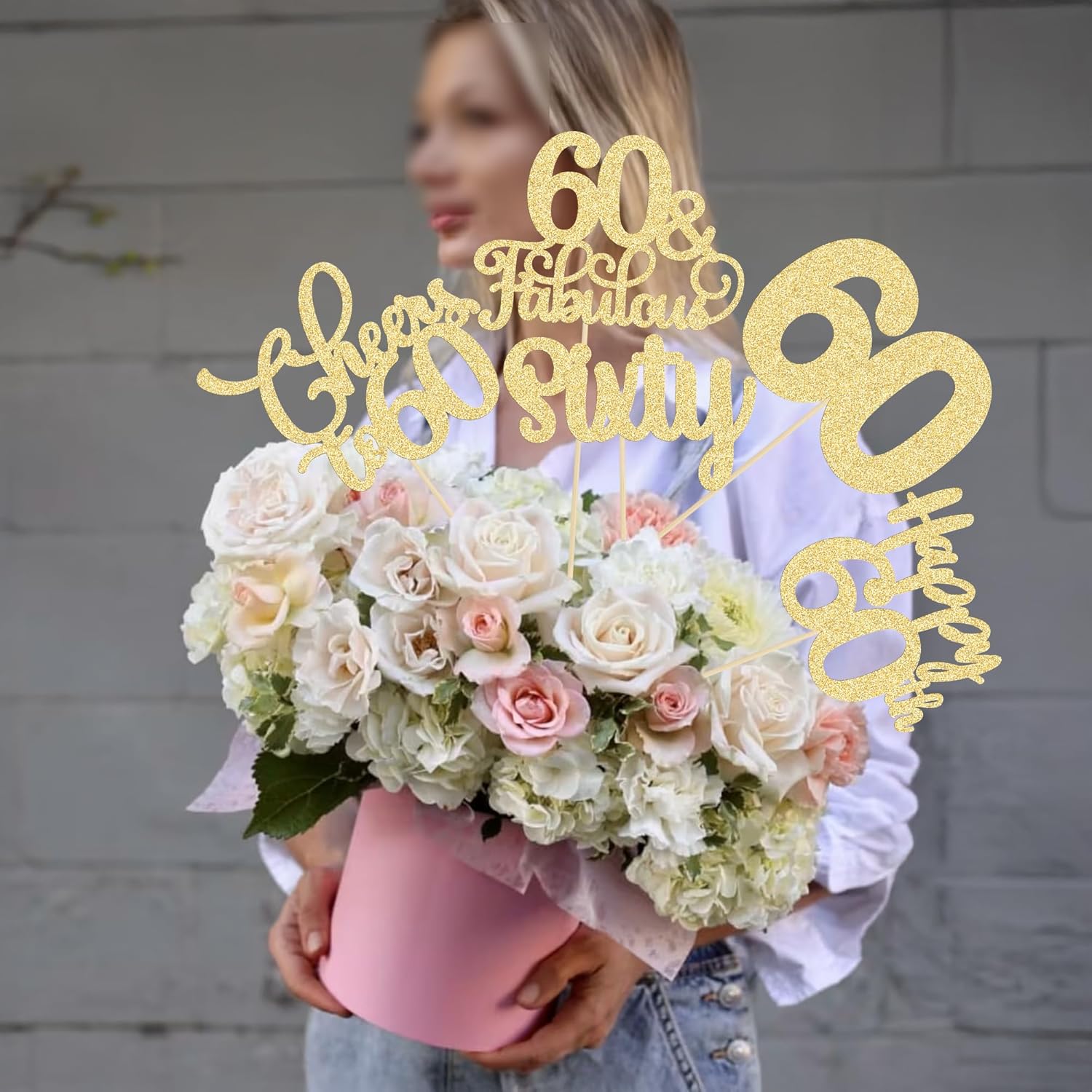 Ephlyn 15Pcs 60th Birthday Centerpiece Sticks Sixty Happy 60 Table Flower Centerpieces Sticks Cheers to 60 Floral Decorations for 60th Birthday Party Centerpieces Supplies Gold